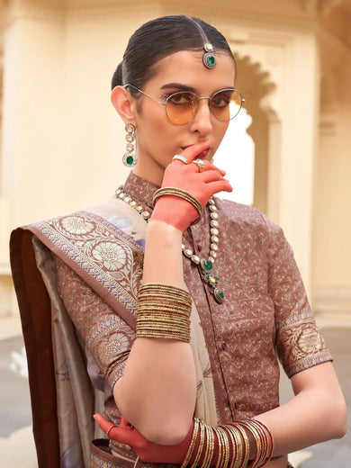 Enchanting Beige Digital Printed Silk Function Wear Saree With Blouse